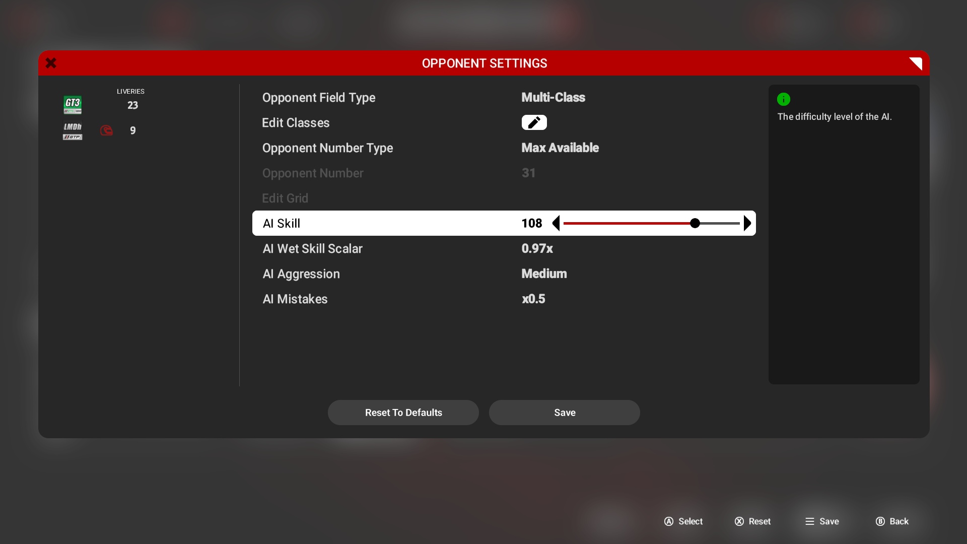 AI Settings in Automobilista 2.