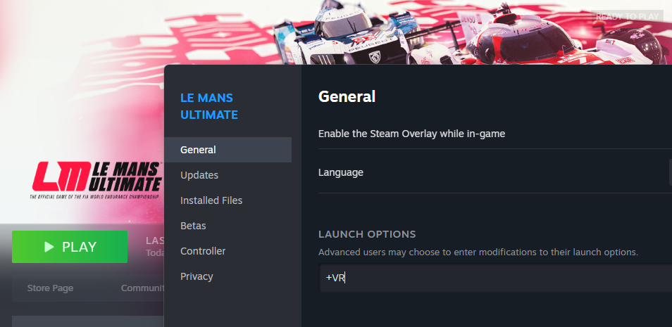 Add +VR to the Steam launch options to play Le Mans Ultimate in VR.